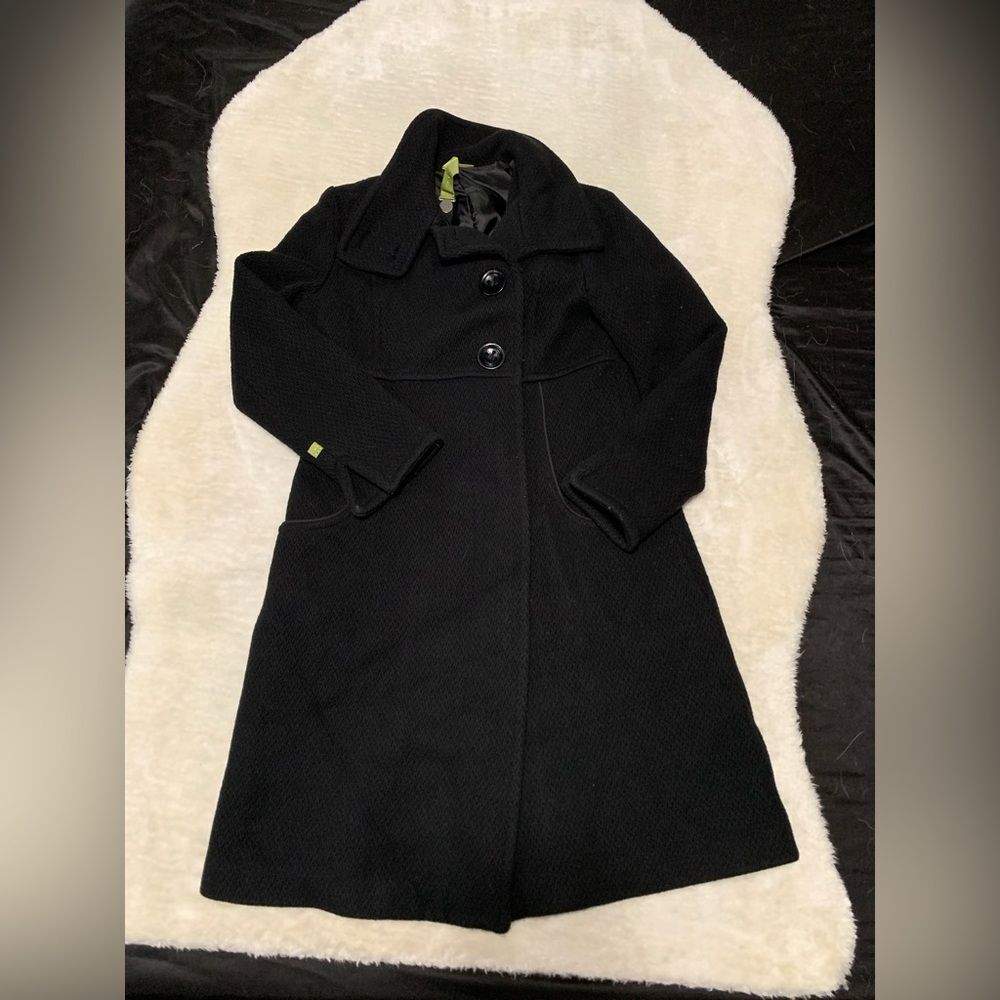 Soia & Kyo Trench Coat Womens Large Black Wool Button up Cowl‎ Neck